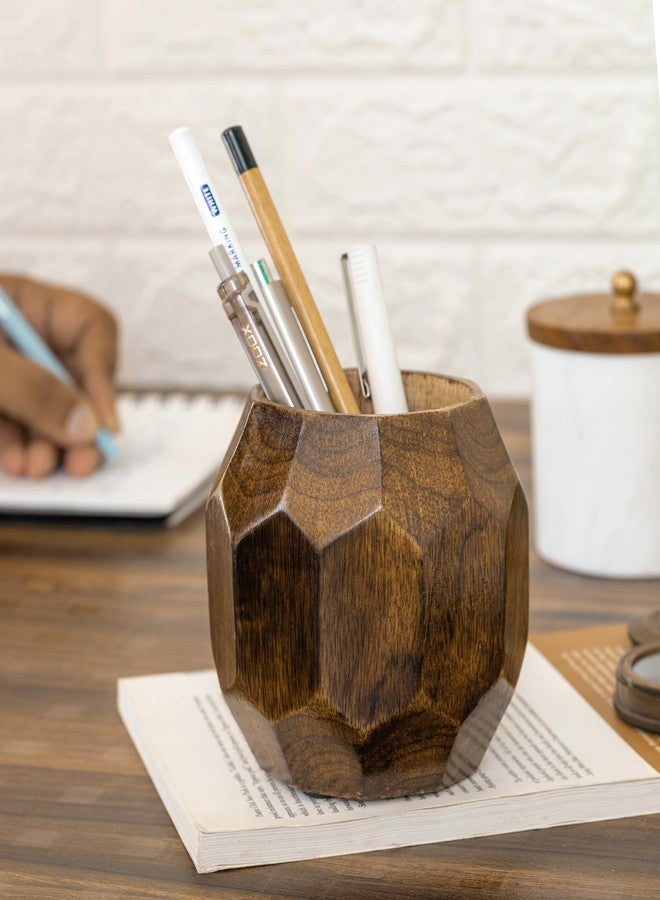 Mie Creations Geometric Wooden Pencil Holder for Desk Table | Wood Pen Cup Stand for Office, Cute Desktop Organizer for Makeup Brushes, Stationery Decor | Rustic Christmas Holiday Gifts- Brown 4'' - Image 5
